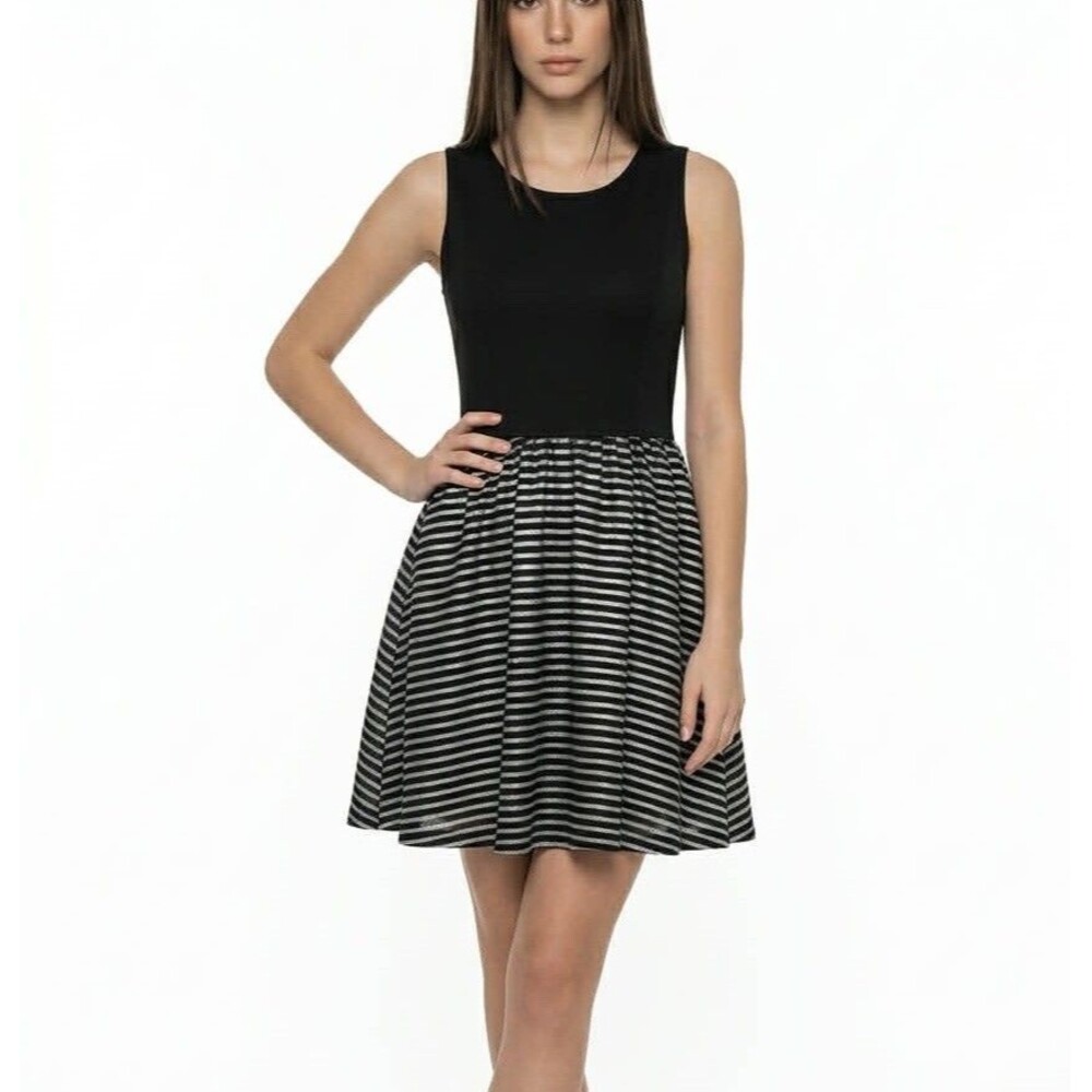 Ginger G Women Black Small A line Dress Silver Striped Polyester
